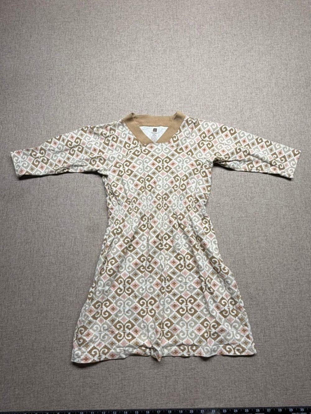 Tea Collection Girls Size 7 Brown Pink Geometric Print Cotton Dress Long Sleeve